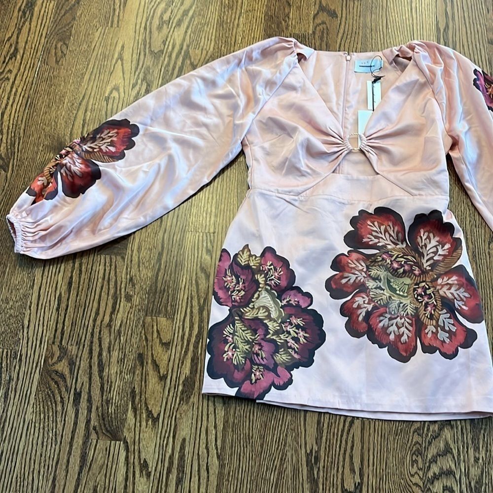 Significant Other size 10 $304 Long-Sleeve V-Neck Cutout Printed Mini Dress - Picture 7 of 12